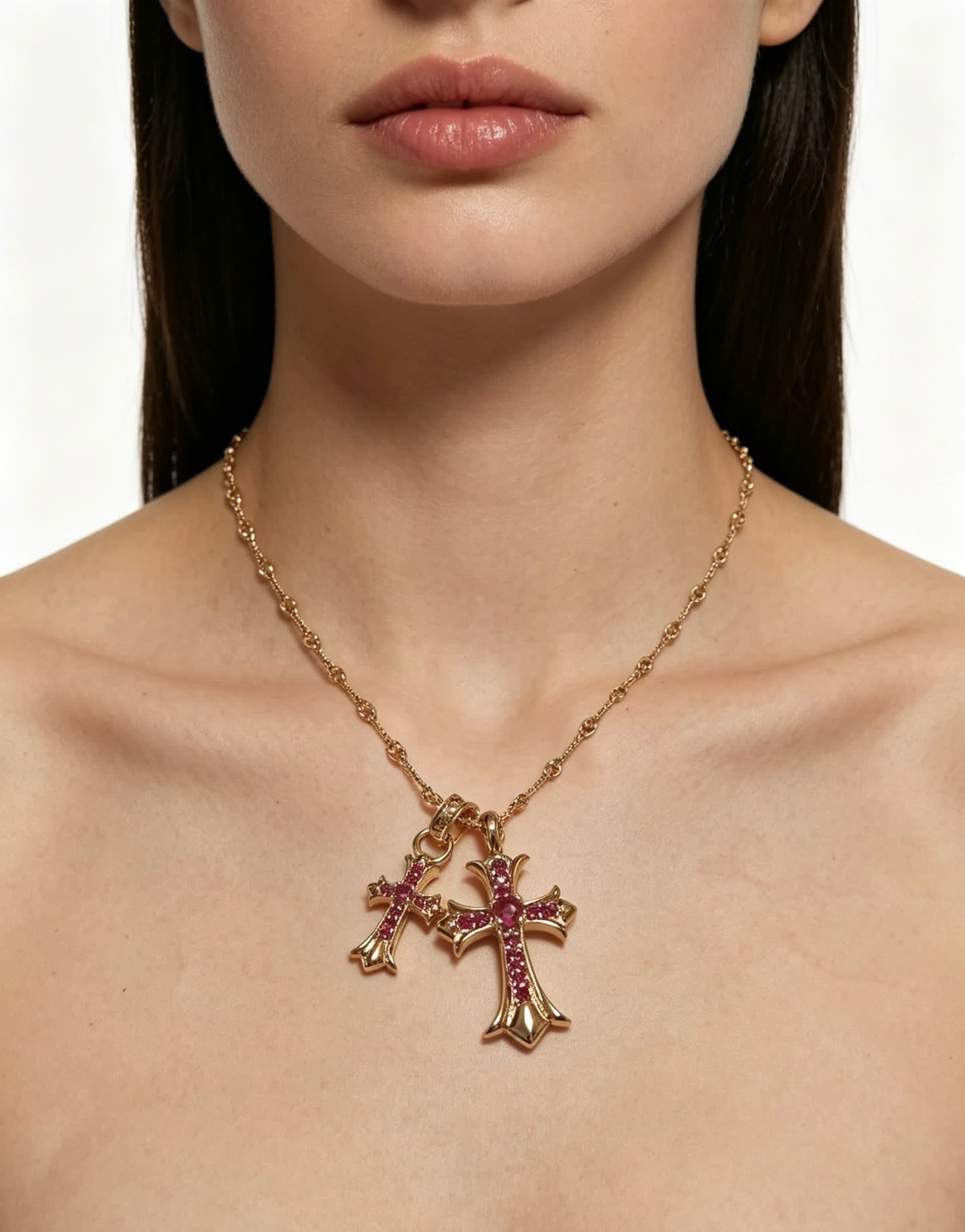 Chrome Hearts Gold Plated Cross Pendant with Ruby Stones